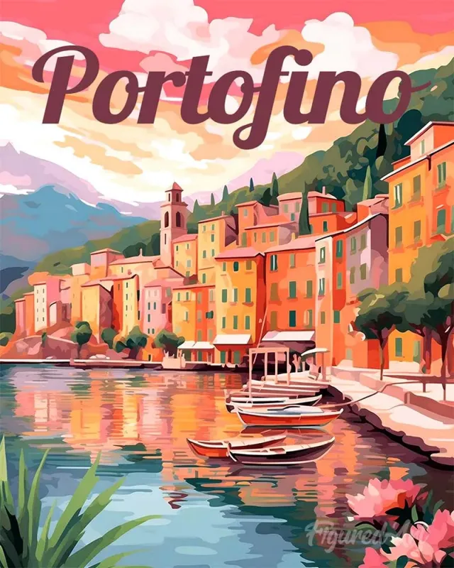 Figured'Art Reisposter Haven van Portofino schilderen op nummer 40x50