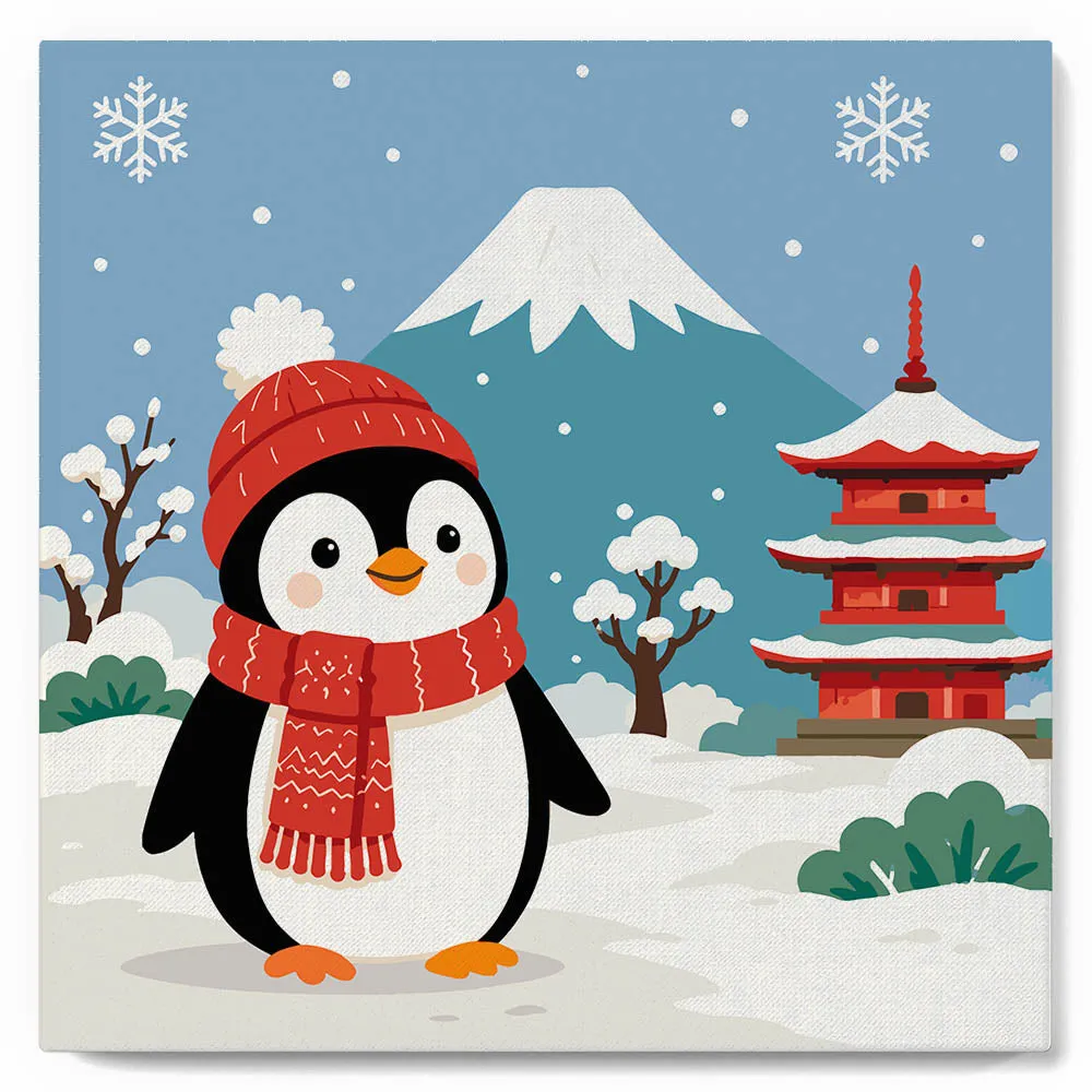 Figured'Art Pinguïn bij de berg Fuji mini schilderen op nummer 20x20 cm