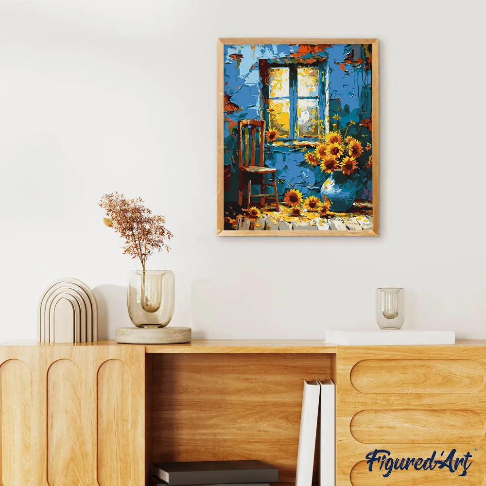 Figured'Art Zonnebloemen bij het blauwe raam schilderen op nummer 40x50 cm stilleven
