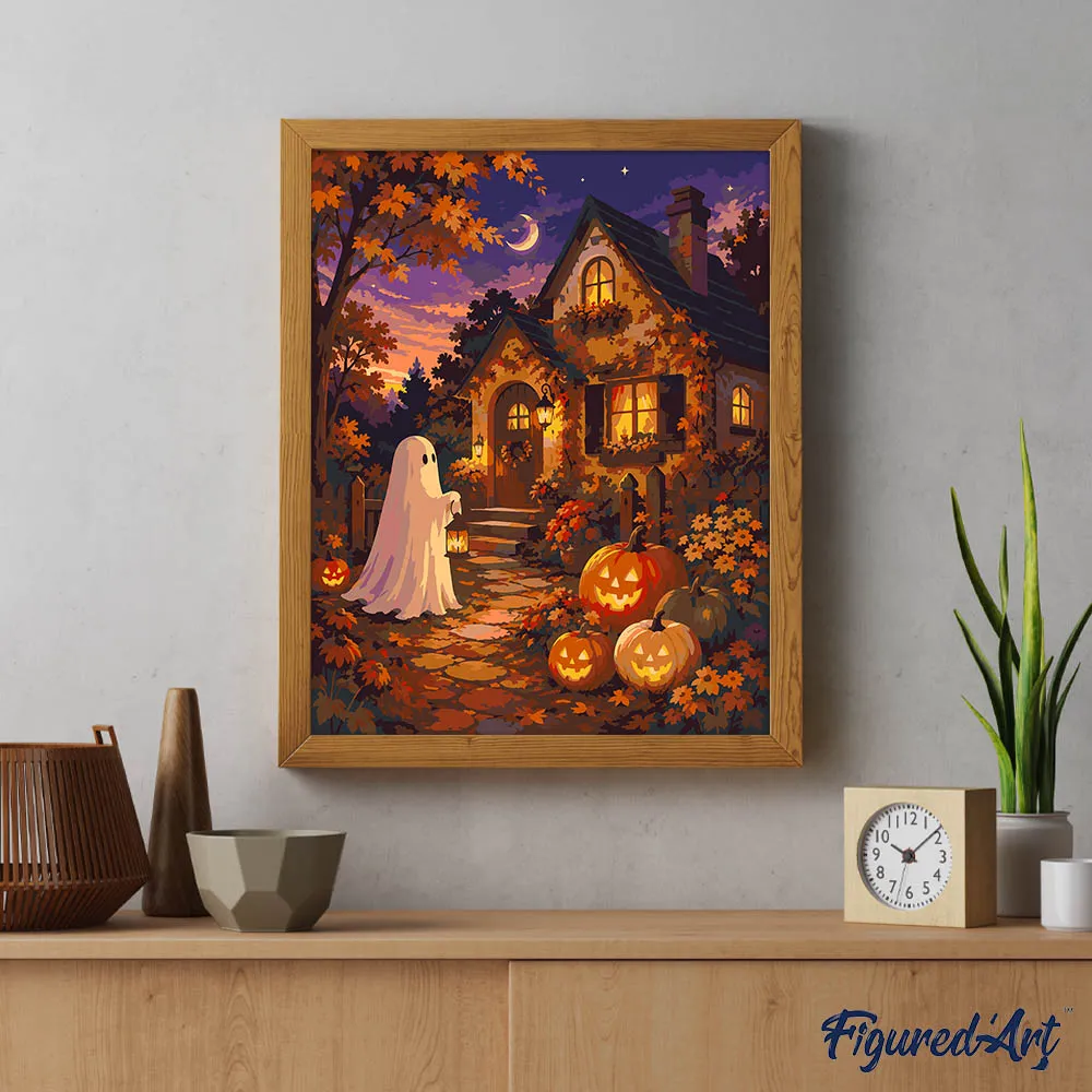Figured'Art Vriendelijk spook Pompoenhuisje schilderen op nummer 40x50