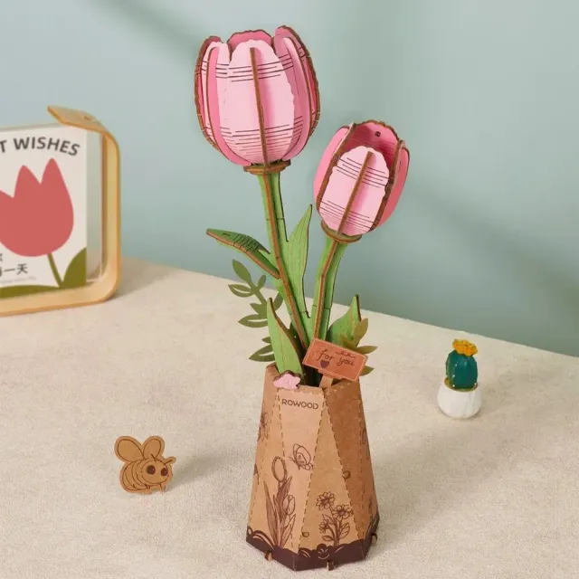 Figured'Art Roze Tulp 3D puzzel hout 72 stukjes