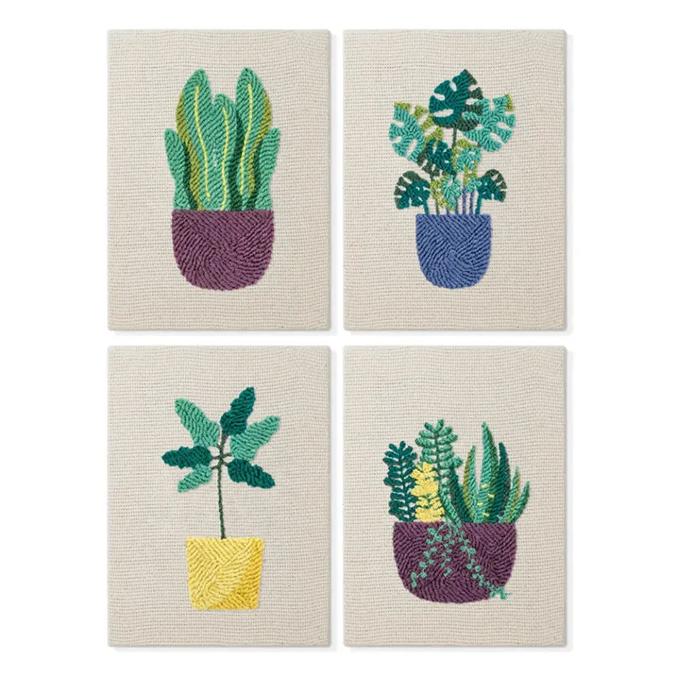 Figured'Art Zonnige Planten Sfeer punch needle set 4 stuks 15x20cm katoen