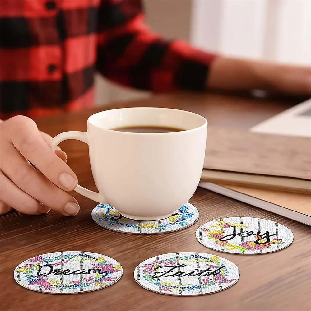 Figured'Art Onderzetters diamond painting positieve woorden 8 stuks kurk