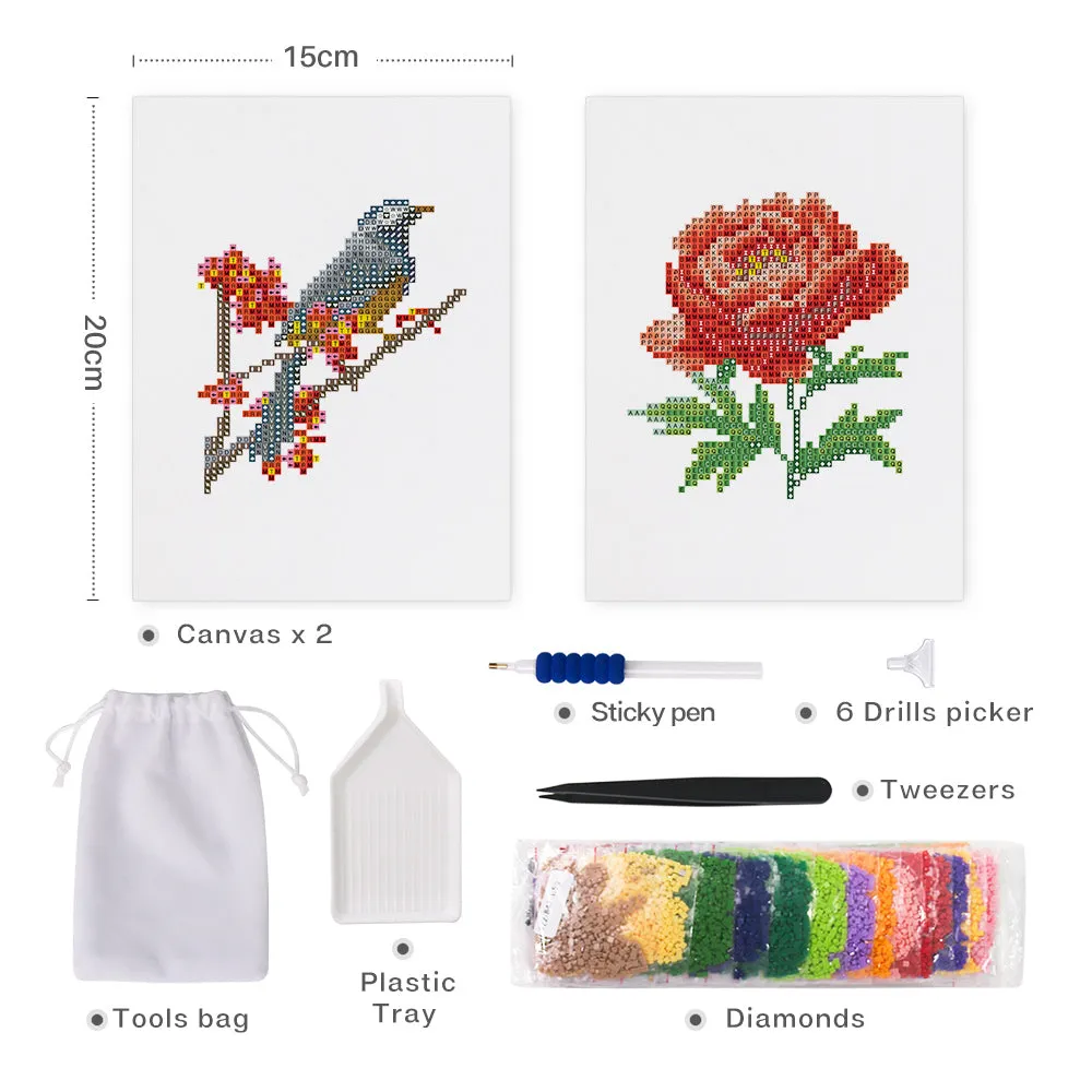 Figured'Art Vogel en Roos mini diamond painting 15x20cm 2 stuks