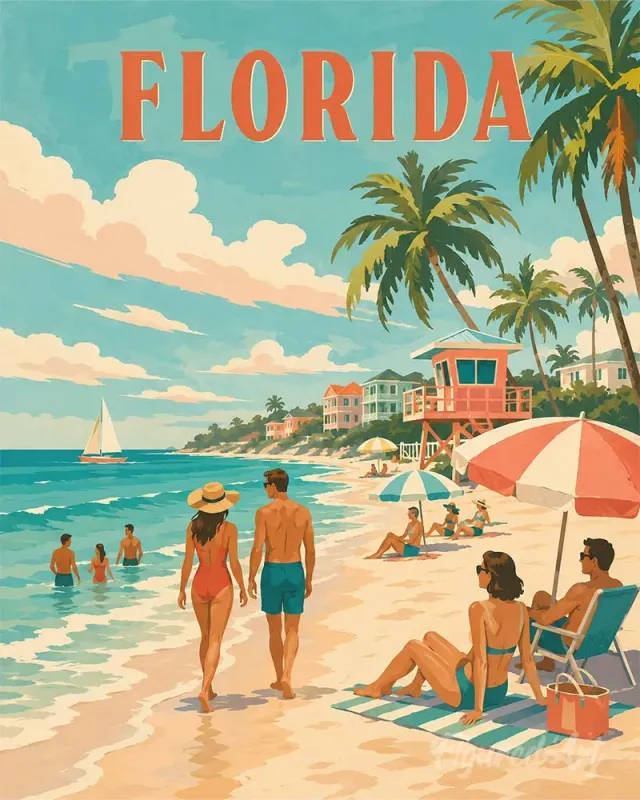 Figured'Art Vintageposter Florida Kust Schilderen op Nummer Zee