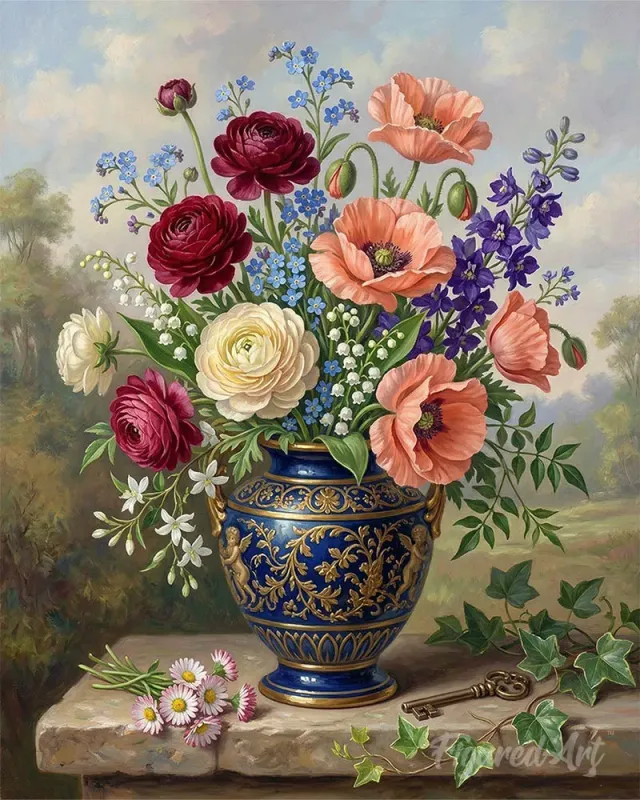 Figured'Art Bloemen in blauwe vaas diamond painting 40x50 cm