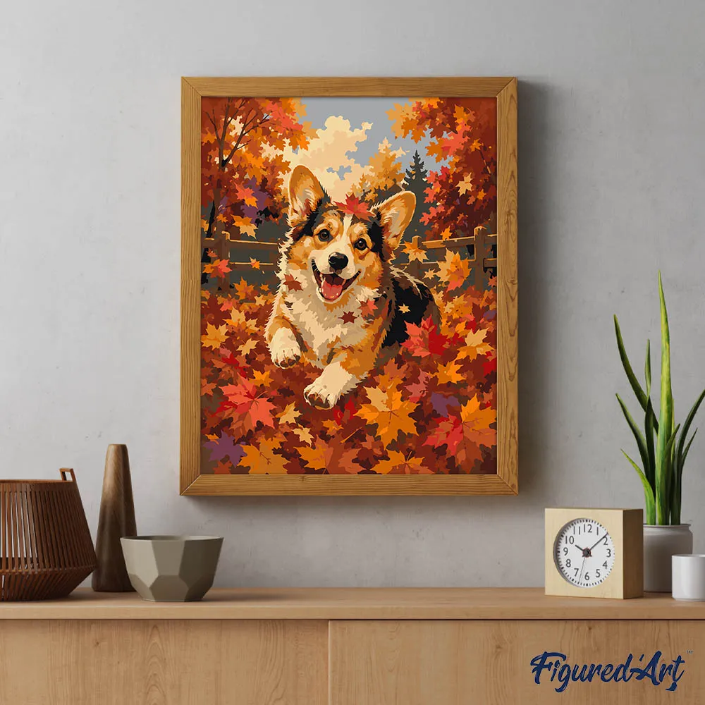 Figured'Art Vrolijke Corgi in Herfstbladeren schilderen op nummer 40x50 cm