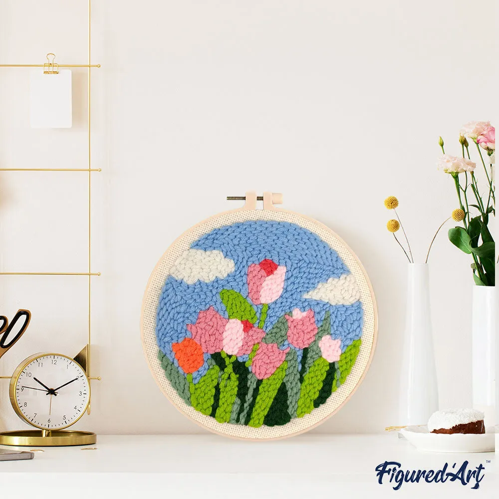 Figured'Art Tulpen Blauwe Lucht Punch Needle Pakket 20cm wol