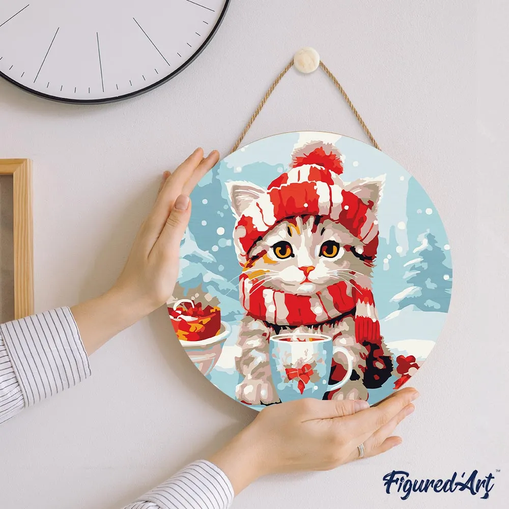 Figured'Art Schattige Kat met Rode Sjaal schilderen op nummer hout 30cm