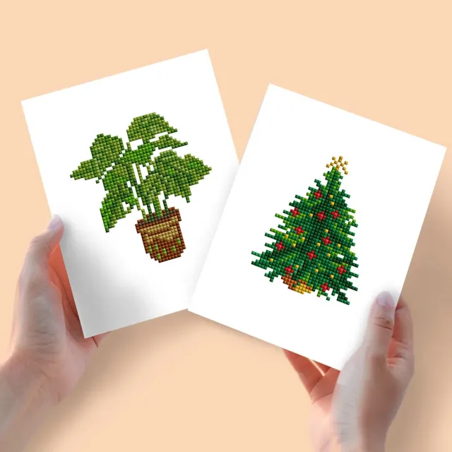 Figured'Art Kerstboom en Potplant mini diamond painting 15x20 cm 2 stuks