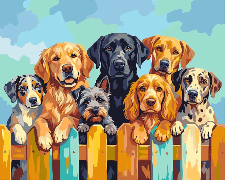 Figured'Art Honden bij het hek schilderen op nummer eenvoudig dieren