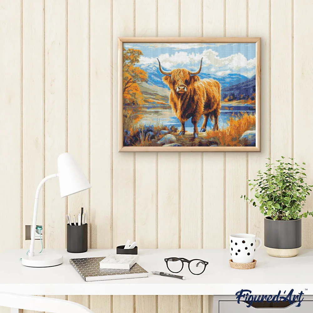 Figured'Art Schotse Hooglander aan de gouden oever diamond painting 40x50 cm