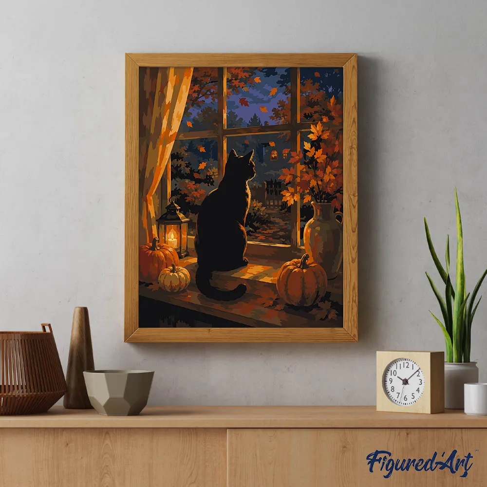 Figured'Art Zwarte Kat bij het Pompoenenraam schilderen op nummer 40x50 cm herfst