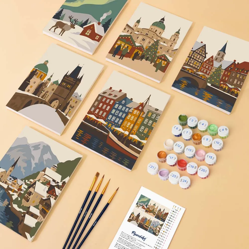 Figured'Art Winterdorp mini schilderen op nummer 15x20 cm 6 stuks