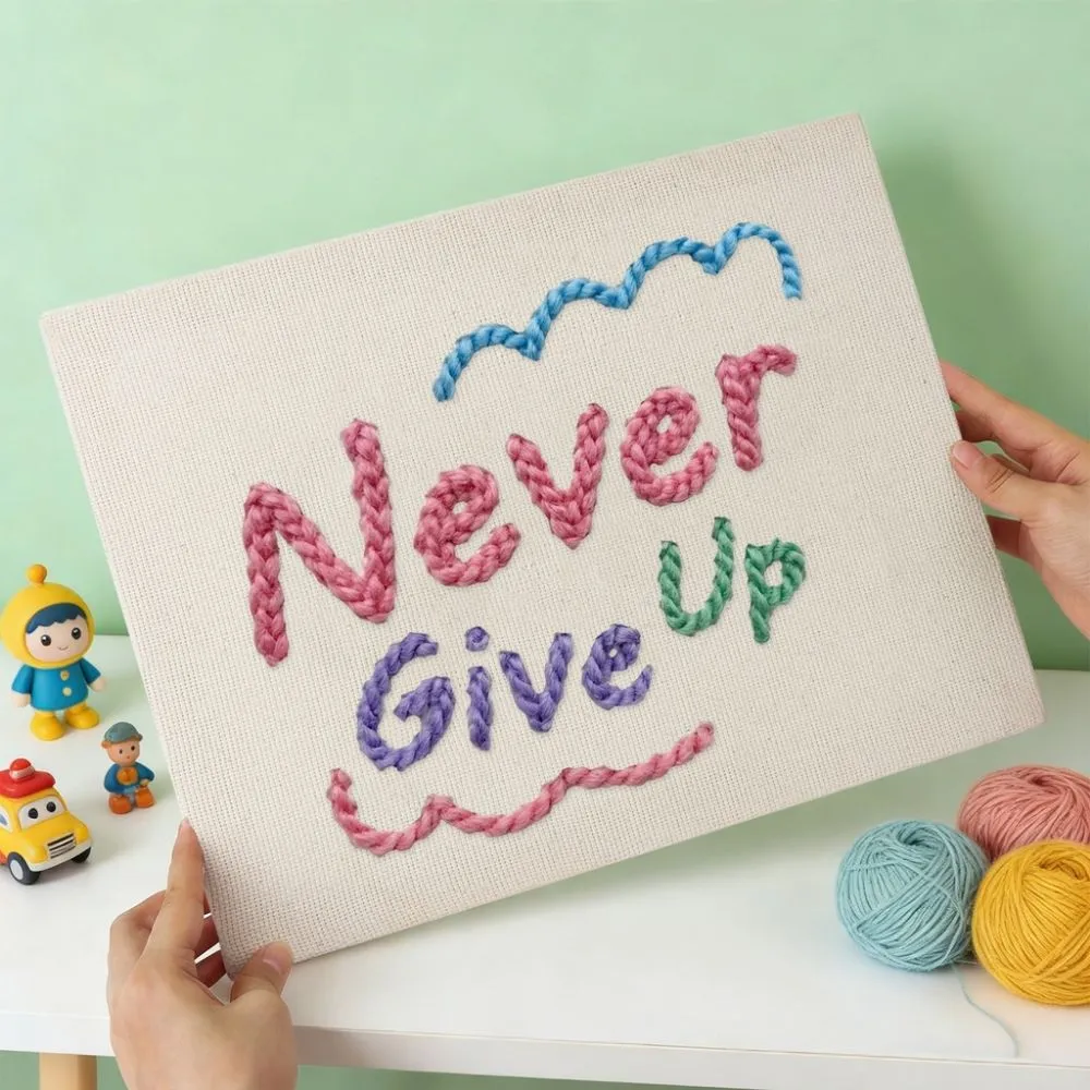 Figured'Art Never Give Up punch needle pakket 20x30cm citaat