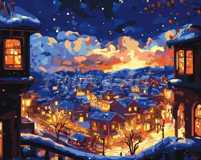 Figured'Art Verlichte Winternacht schilderen op nummer 40x50cm winter