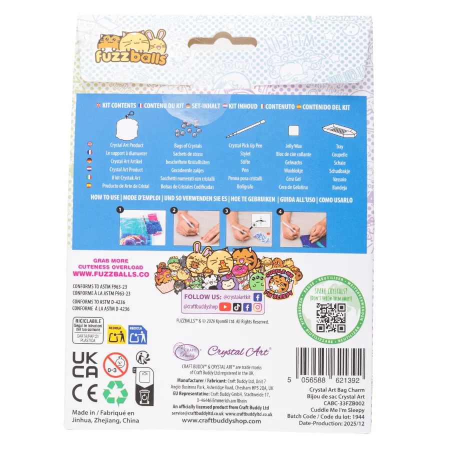 Craft Buddy Crystal Art Fuzzballs hanger Cuddle Me Sleepy 9 cm