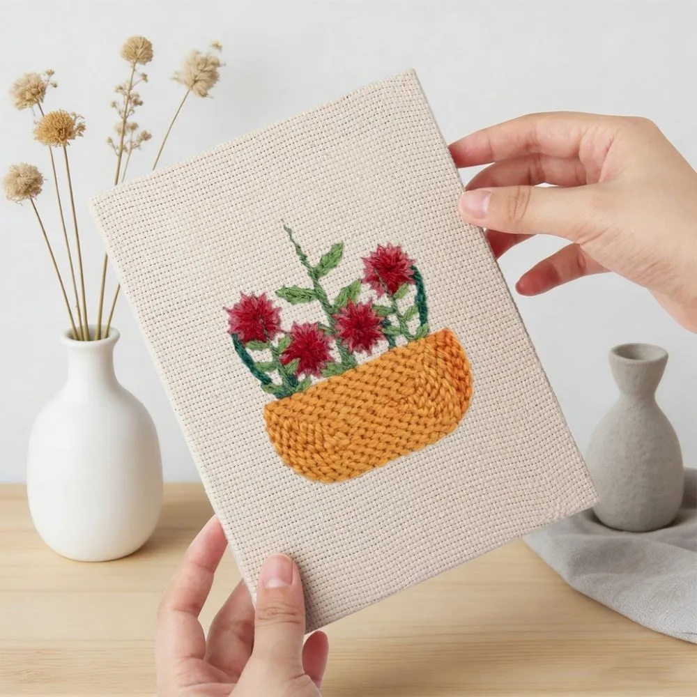 Figured'Art Bloemenmand punch needle set 4 stuks met frame katoen 15x20 cm