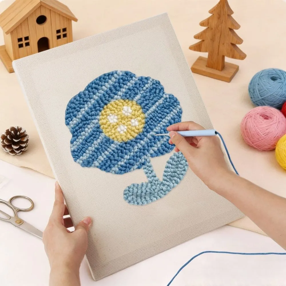 Figured'Art Punch Needle Blauwe Bloem pakket 20x30cm katoen