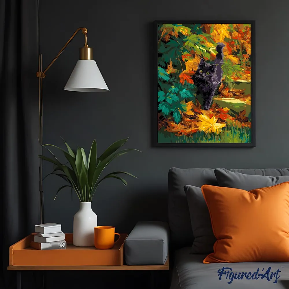 Figured'Art Zwarte kat in de herfst schilderen op nummer 40x50cm