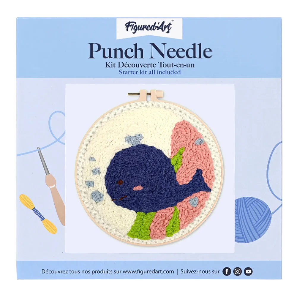 Figured'Art Lachende blauwe walvis punch needle pakket 20 cm beginners