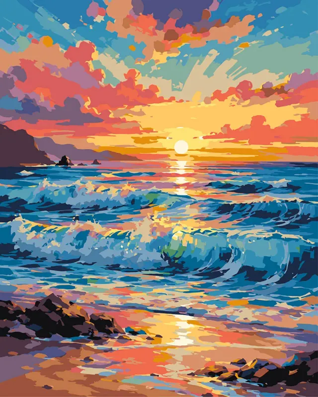 Figured'Art Golven bij zonsondergang schilderen op nummer 40x50 cm zee
