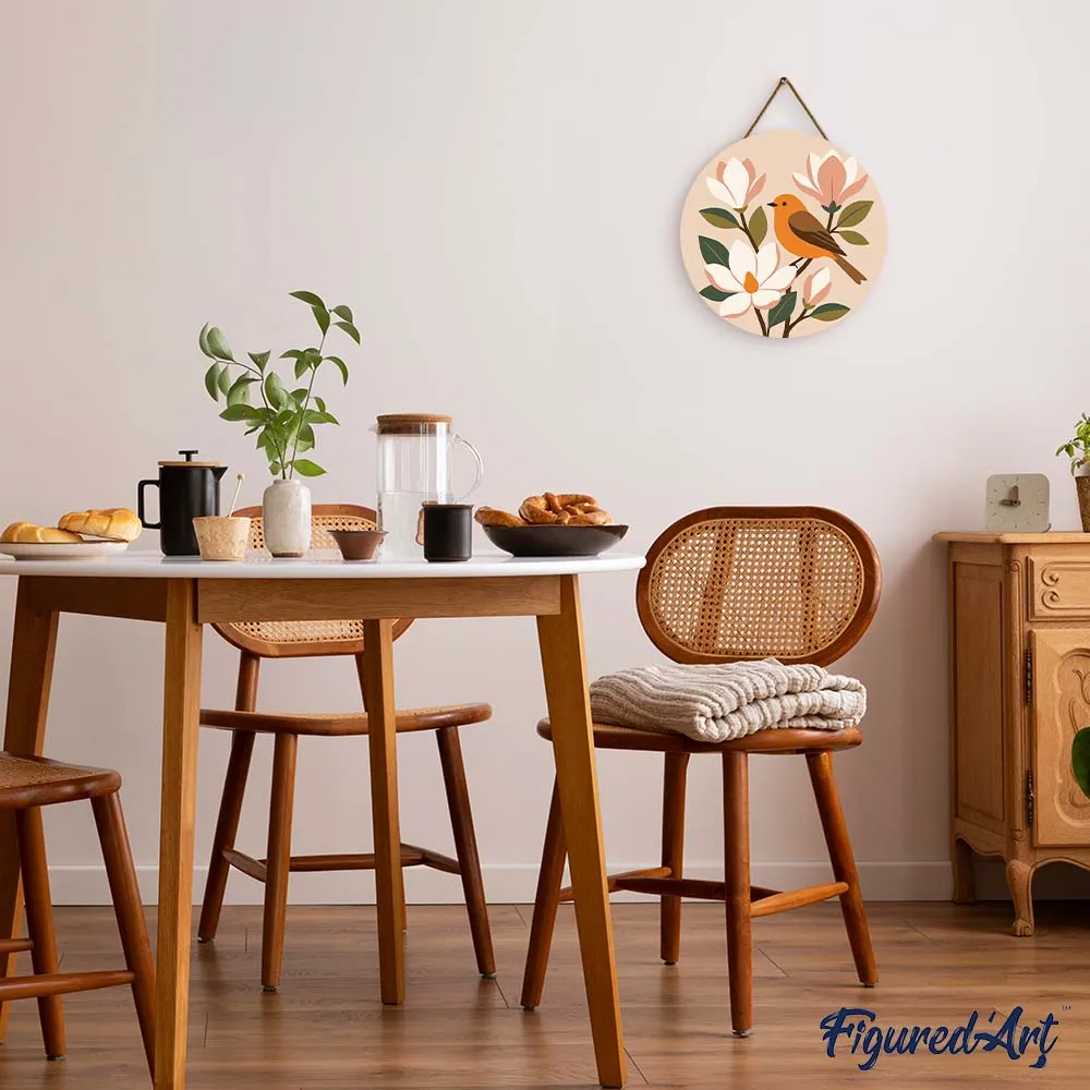 Figured'Art Schilderen op Nummer Nachtegaal en Magnolia's Houten Schijf 30 cm