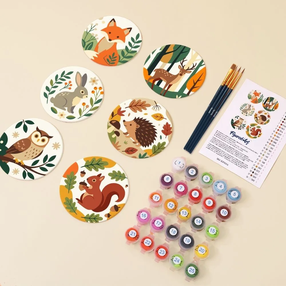 Figured'Art Bosvrienden Schilderen op Nummer Onderzetters 10cm 6 Stuks Dieren