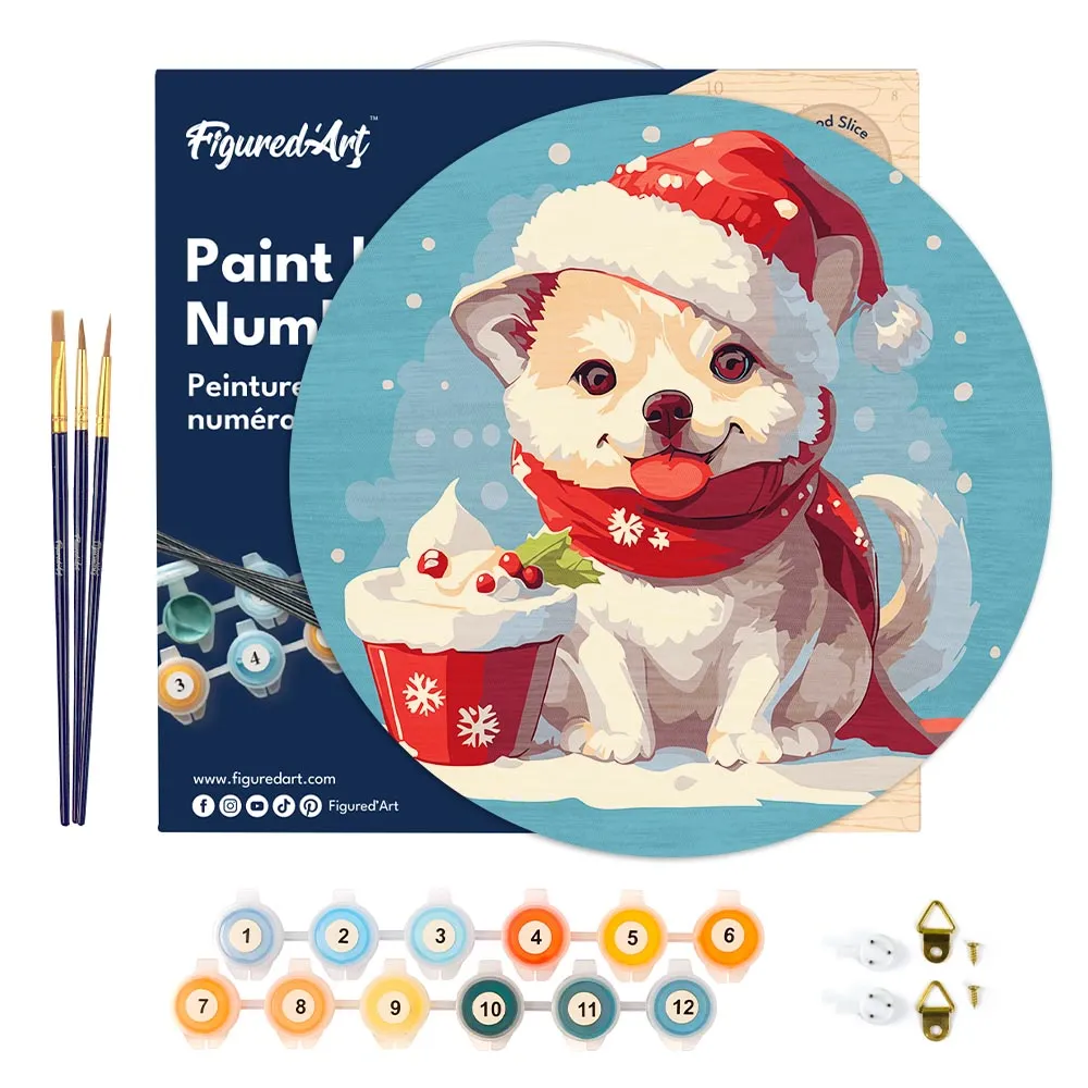 Figured'Art Kerstpuppy schilderen op nummer houten schijf 30 cm
