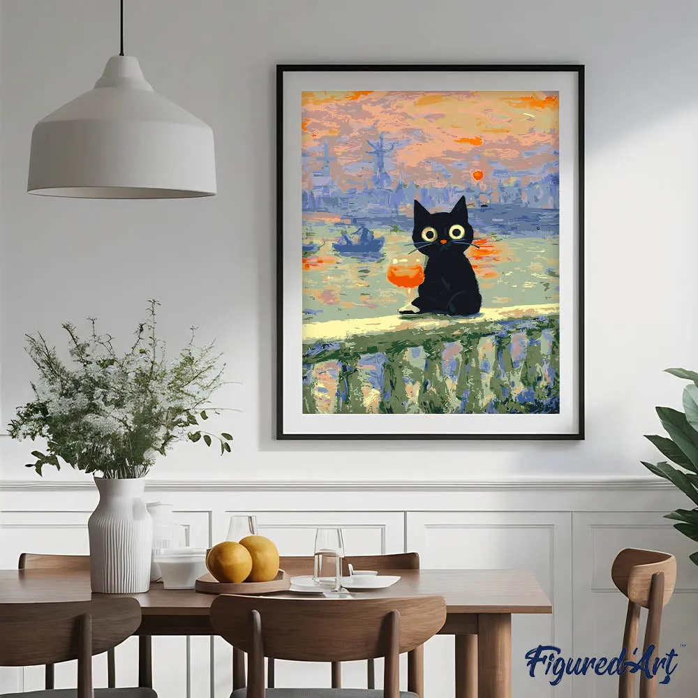 Figured'Art Kat bij Zonsondergang Monet schilderen op nummer 40x50 cm