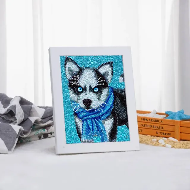 Figured'Art Husky diamond painting 15x20cm met lijst rond