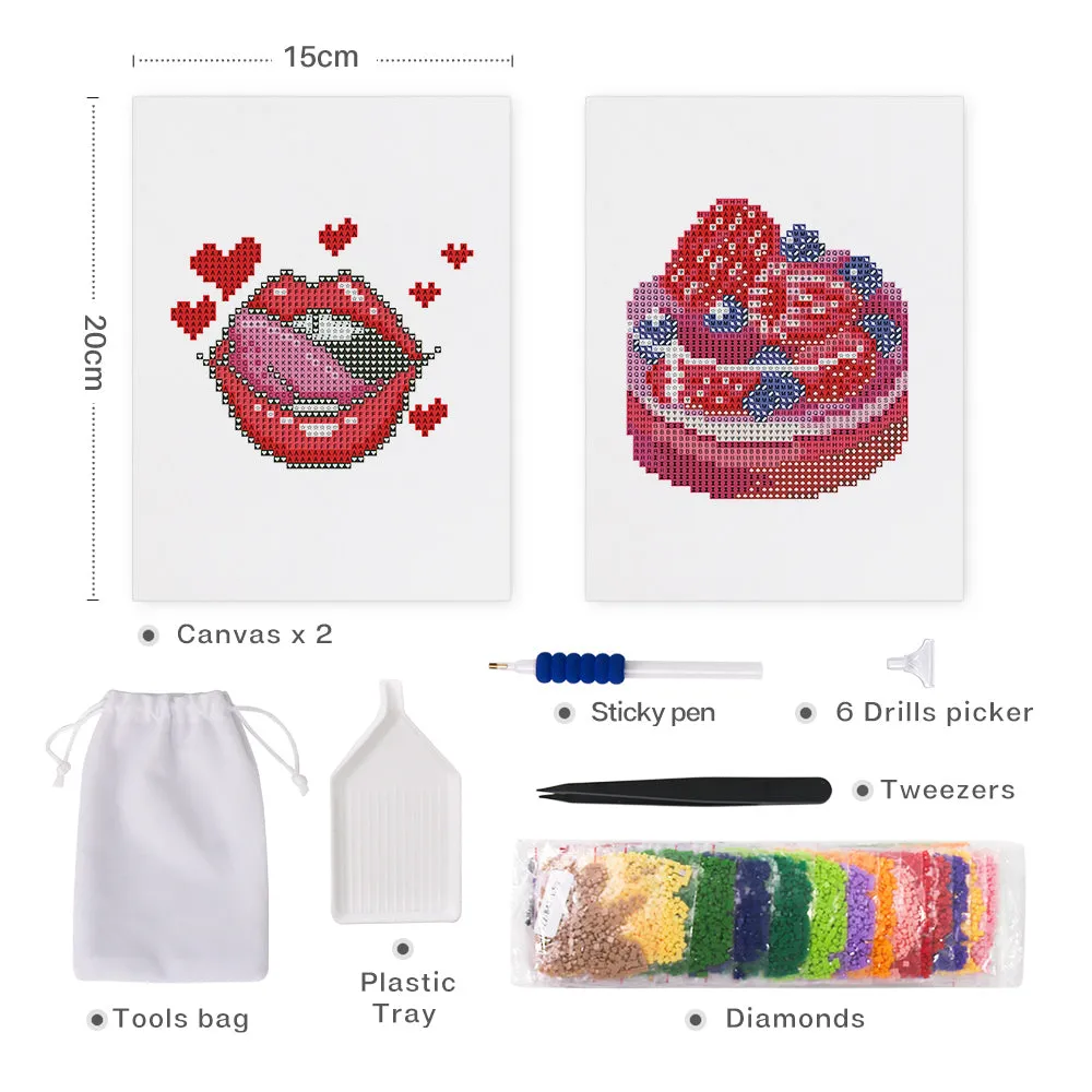 Figured'Art Mini Rode Lippen en Taart met Bessen diamond painting 2 stuks 15x20cm