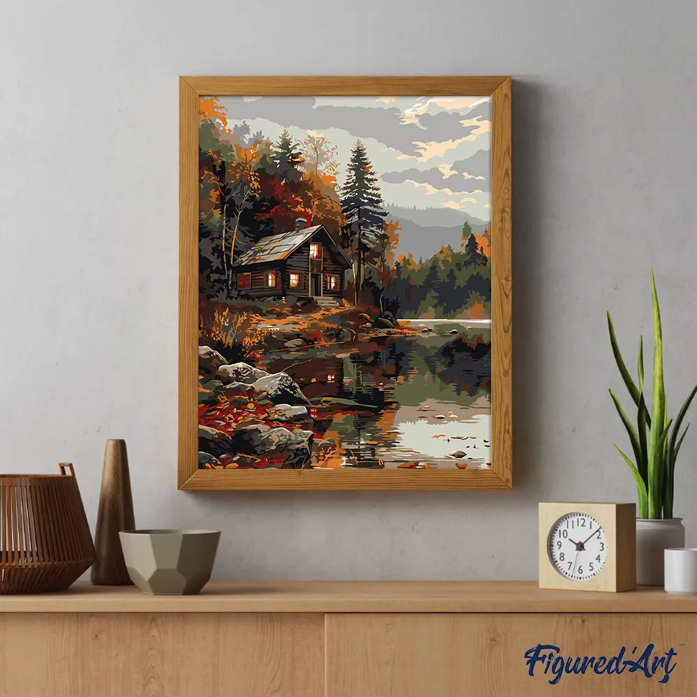 Figured'Art Gezellige Hut Herfstmeer schilderen op nummer 40x50 cm