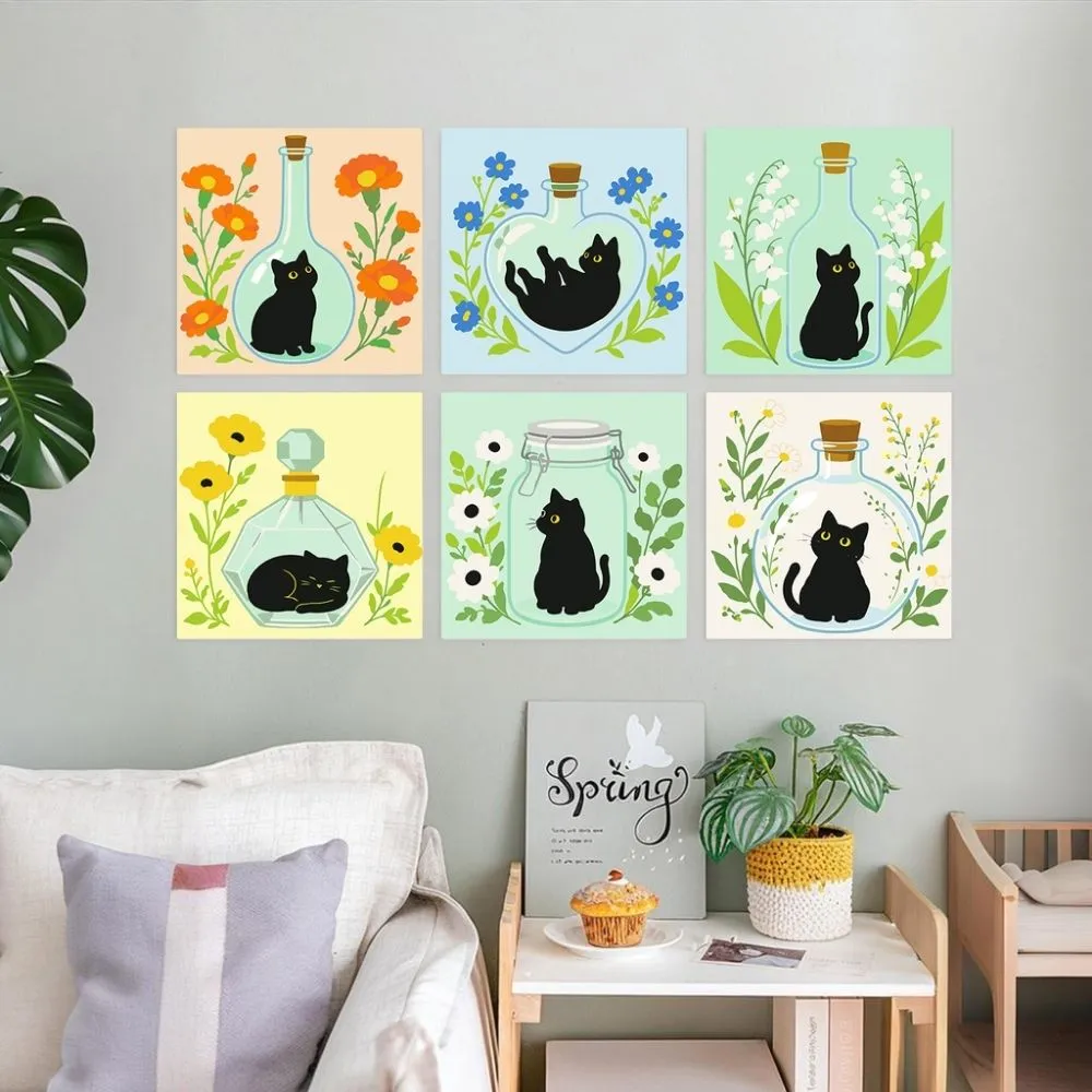 Figured'Art Botanische katten schilderen op nummer 20x20cm 6 stuks