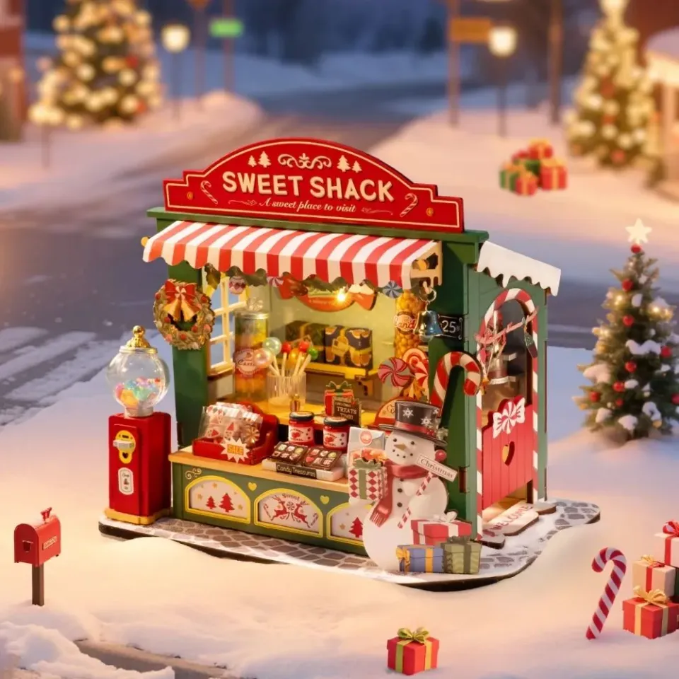 Figured'Art Kerst-snoepkraam miniatuurhuisje 17 cm met LED