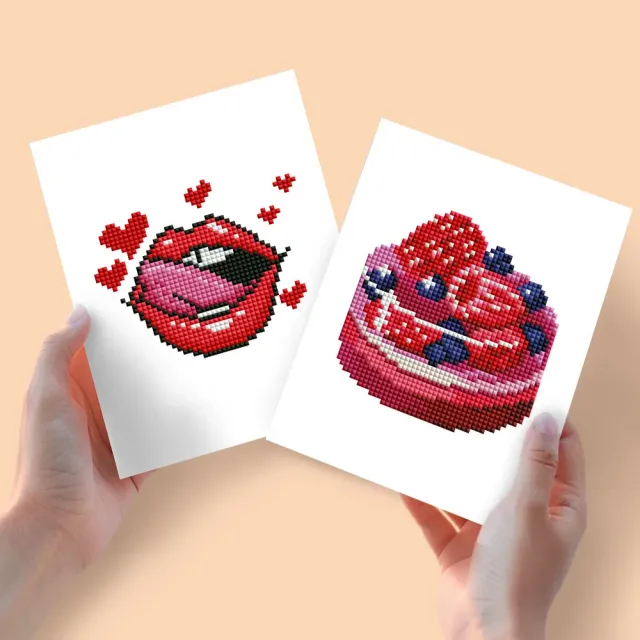 Figured'Art Mini Rode Lippen en Taart met Bessen diamond painting 2 stuks 15x20cm