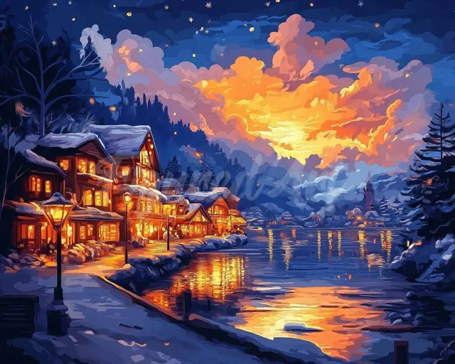 Figured'Art Verlicht Dorp aan het Meer diamond painting 40x50