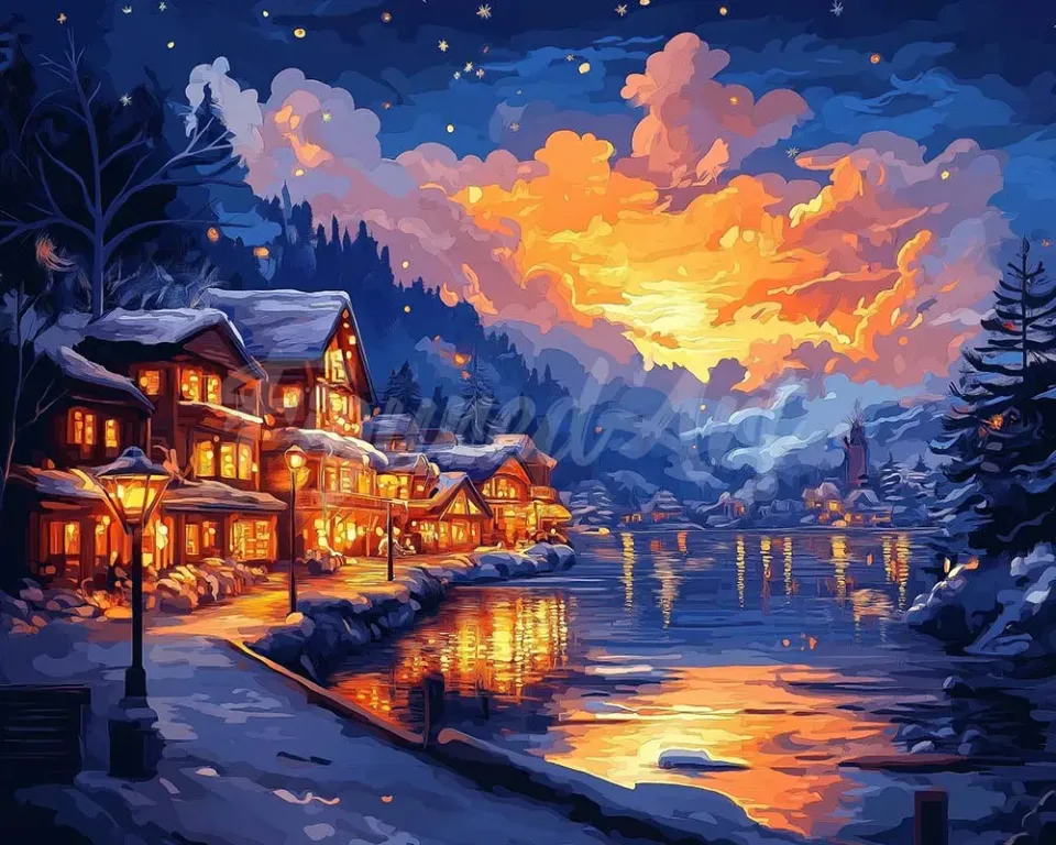 Figured'Art Verlicht Dorp aan het Meer diamond painting 40x50