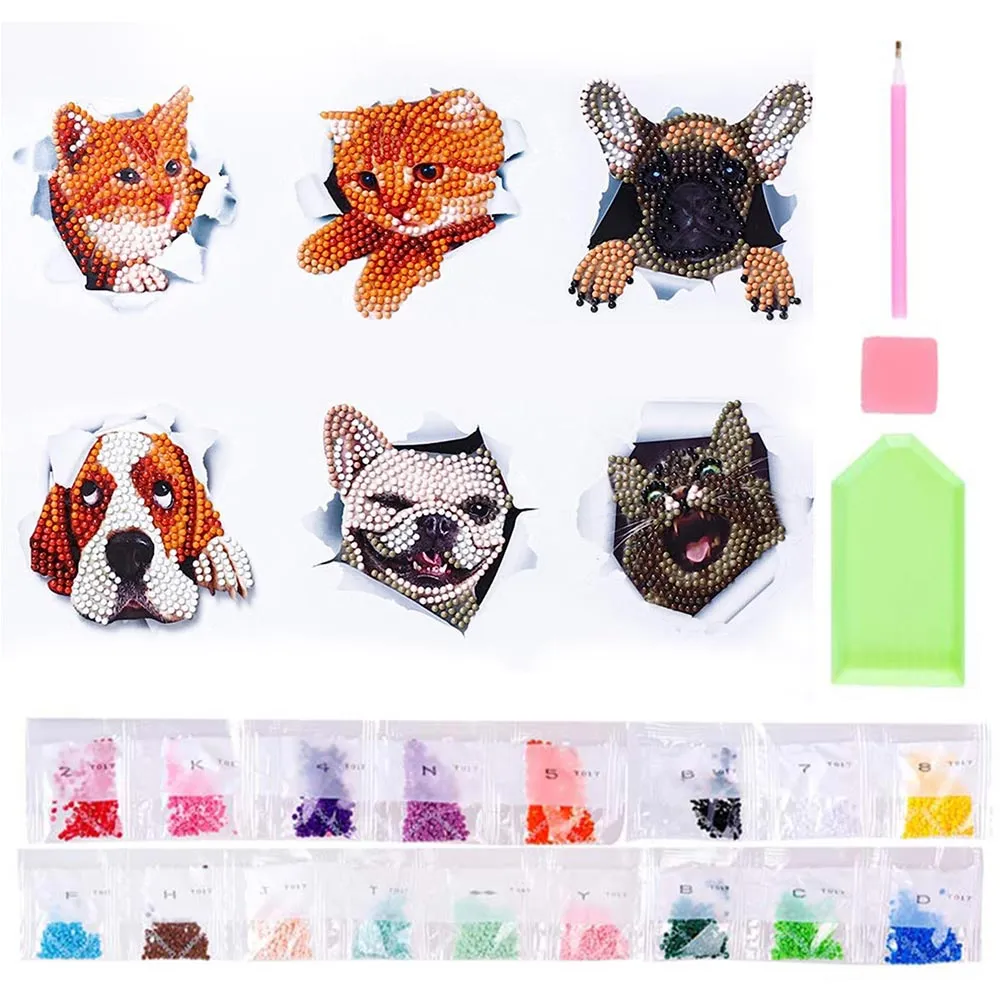 Figured'Art Katten en Honden Diamond Painting Stickers set 6 stuks