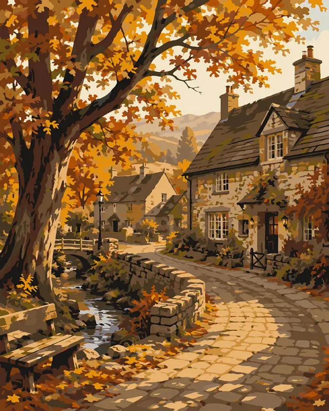 Figured'Art Herfstdorp Pad canvas schilderen op nummer 40x50 cm herfst