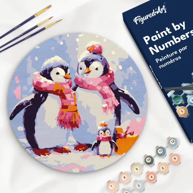 Figured'Art Pinguïfnfamilie in de Sneeuw schilderen op nummer Ø30cm hout