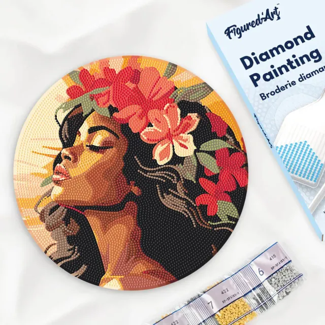 Figured'Art Bloemenvrouw diamond painting houten schijf 30cm rond