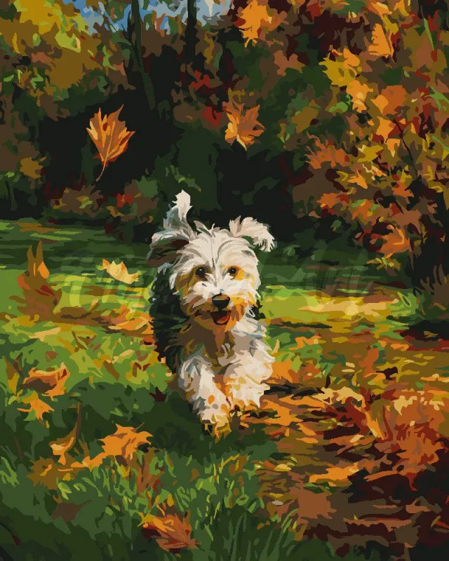 Figured'Art Vrolijke pup herfst schilderen op nummer hond middel