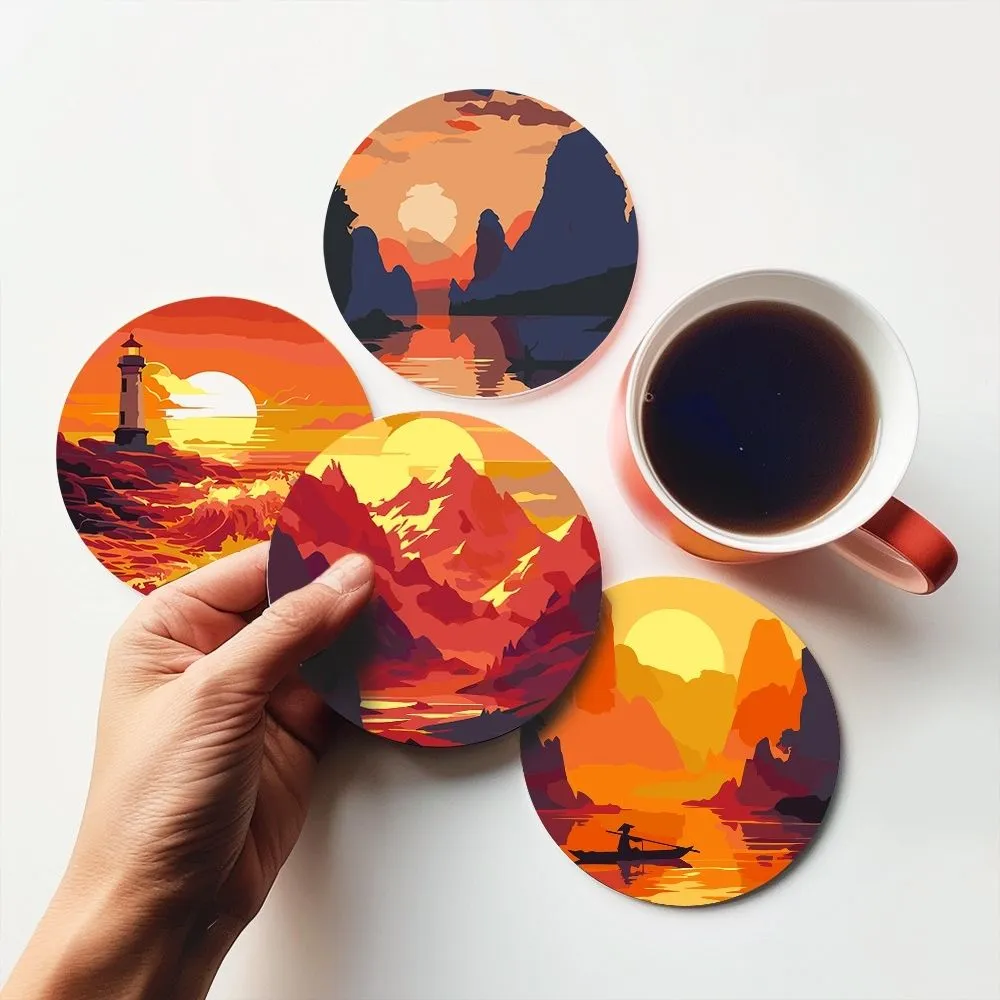 Figured'Art Zonsondergangscène onderzetters schilderen 10cm 6 stuks