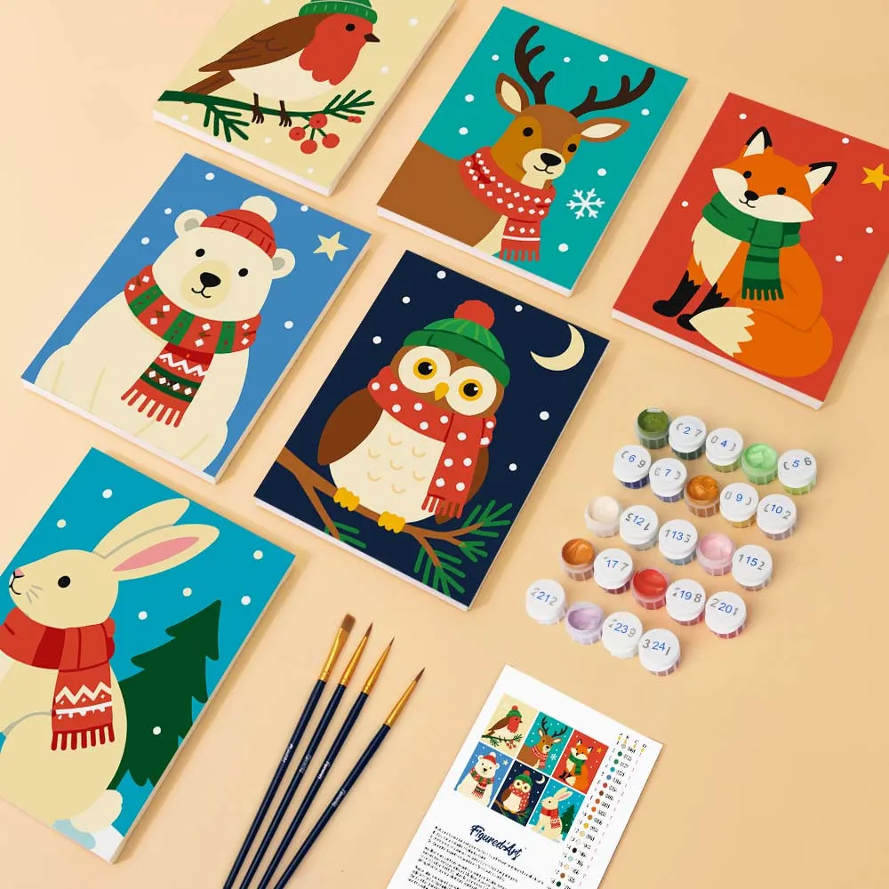Figured'Art Winterdieren mini schilderen op nummer 15x20 cm 6 stuks