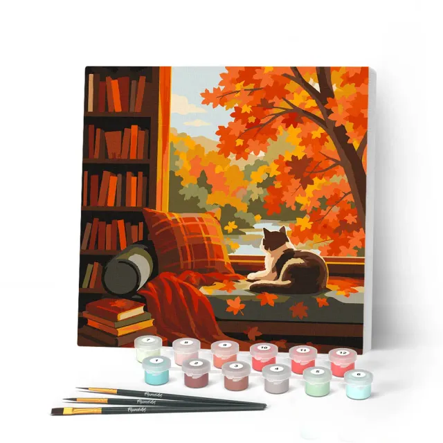 Figured'Art Herfstzicht van de kat schilderen op nummer 20x20cm frame