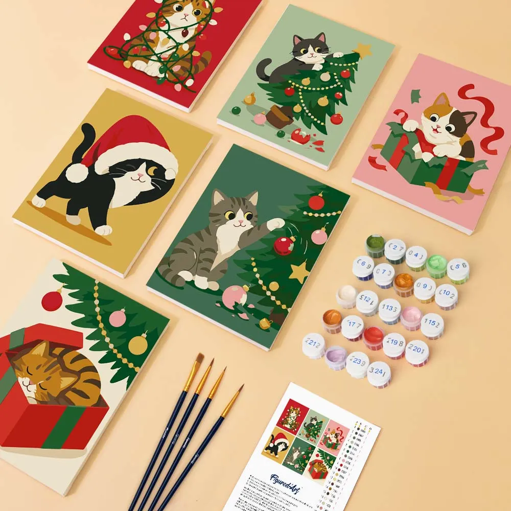 Figured'Art Kerstplezier Kittens mini schilderen op nummer 15x20cm 6 stuks