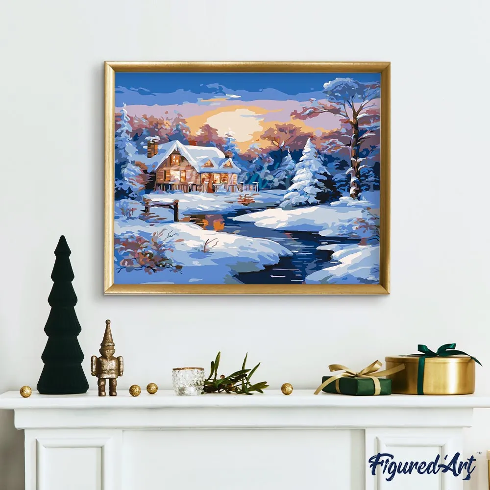 Figured'Art Winterhuisje bij Zonsondergang schilderen op nummer winter