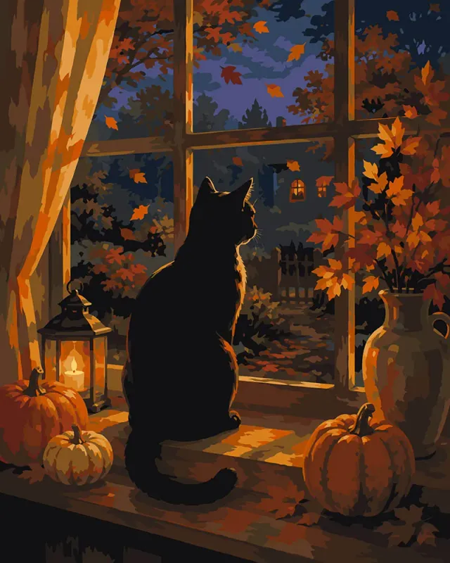 Figured'Art Zwarte Kat bij het Pompoenenraam schilderen op nummer 40x50 cm herfst