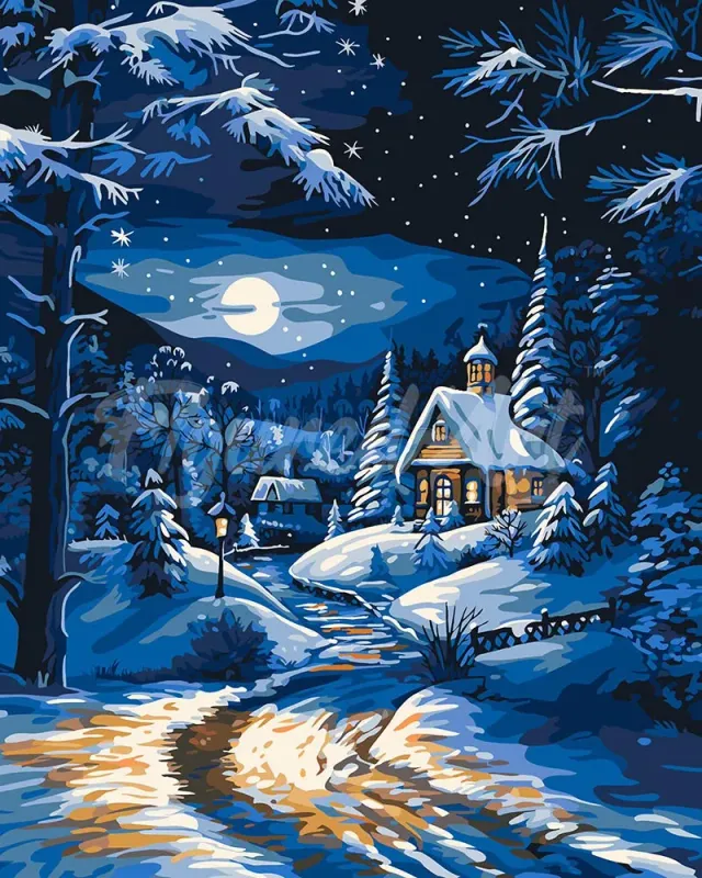 Figured'Art Winterhuisje bij Maanlicht schilderen op nummer 40x50cm